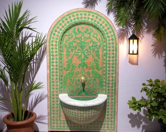 Aanpasbare rustieke mozaïekwandfontein: groene, mid-century waterpartij voor binnen en buiten in uw tuin of op uw terras.