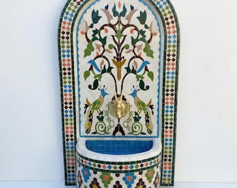 Customizable Rustic Mosaic Wall Fountain: Mid-Century Indoor/Outdoor Water Feature for Your Garden or Patio