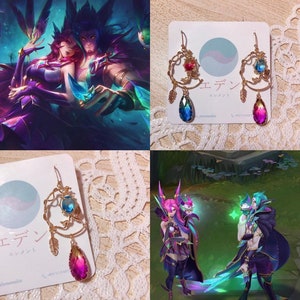 Conception de boucles d&#39;oreilles Xayah & Rakan sur le thème Star Guardian - Collection Eden&#39;s Garden League of Legends