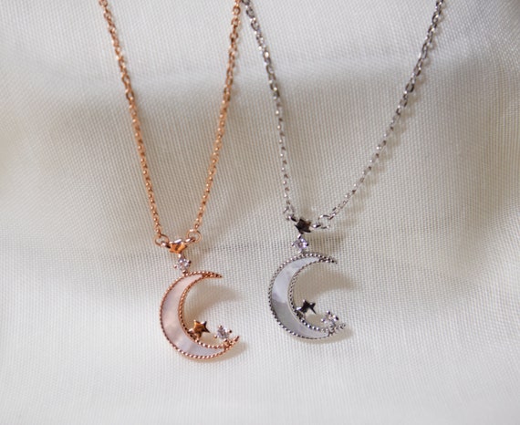 Collana Luna E Stella In Argento 925 Con Zirconia – Ciondolo Mezzaluna Su Catena 45cm – Gioiello Regalo Per Donna (Mamma, Fidanzata, Moglie)