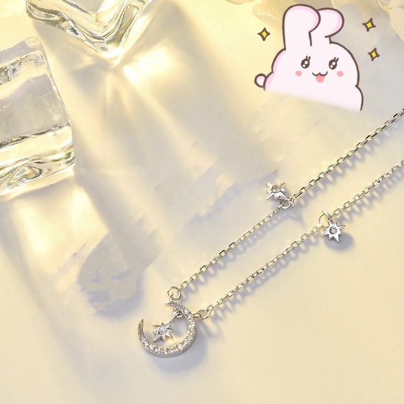 S925 Silver Moon Star Necklace/ Silver Moon Star Pendant