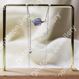 Sterling Silver Galaxy Planet Star Pendant Choker Necklace, Synthesis Moonstone Necklace, Dainty Necklace, Women Necklace
