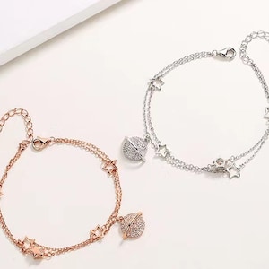 Sterling Silver Dream Planet Star Double Chain Dew Drop Bracelets, Silver and Rose Gold, S925 Silver Bracelet, Women Bracelet