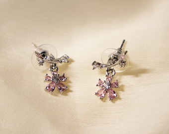 Sterling Silver Cherry Blossom Earrings, Pink Flower Earrings, Stud Earrings, Dainty Flower Earrings, Women Earrings