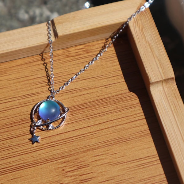 Star Blue Planet Universe Pendant Necklace/ Moonstone Silver Necklace/ S925 Silver Blue Fantasy Planet Necklace