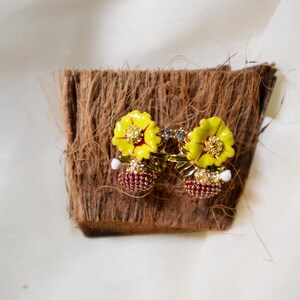Sterling Silver Push Back Post Yellow Flower Earrings/ Yellow & Gold tone bass Textured-Center Floral Stud Earrings/ Women Earrings