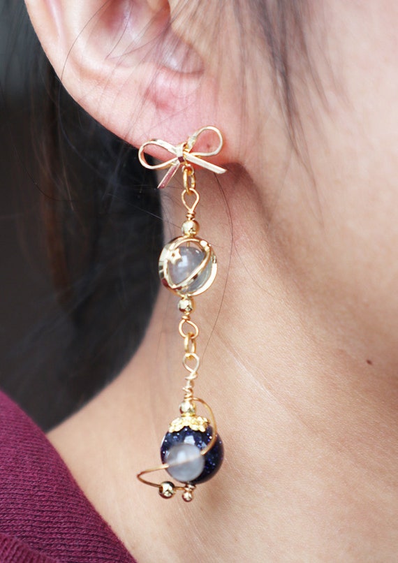 Orecchini A Goccia In Argento S925 Con Sole, Luna E Stelle - Pendenti In Arenaria Blu - Gioiello Celeste Regalo Per Donna