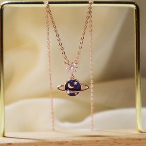 S925 Silver Galaxy Planet  Silver Pendant Choker Necklace/ S925 Sterling silver Dream Planet Necklace/Cute dream planet rose gold pendant