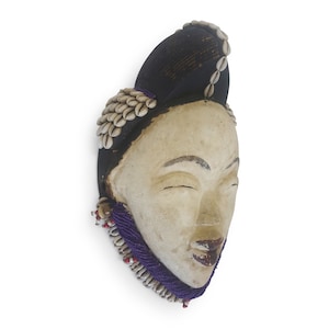 Maschera Punu con dettaglio di conchiglia di ciprea / Maschera a due facce / Maschera tribale Punu / Maschera in legno intagliato / Maschera intagliata / Maschera tribale / Arte tribale africana