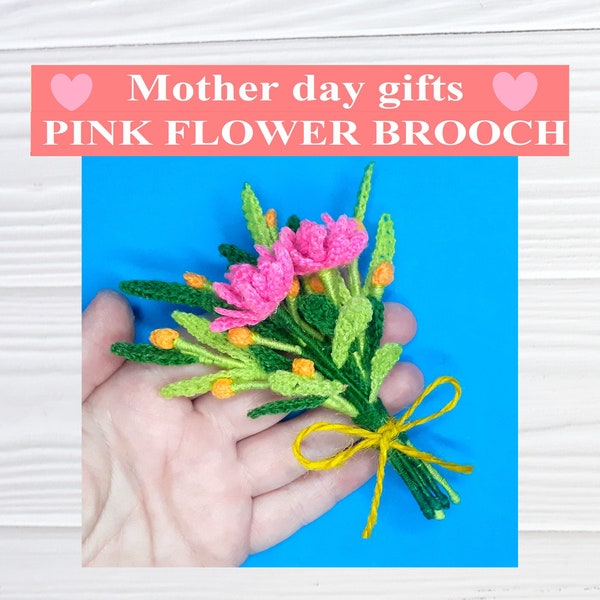 Brooch Mother's day, Cute crochet pattern, Mini crochet flowers, Pinc brooch bouquet, Tutorials Ukraine, Mother day crochet gift