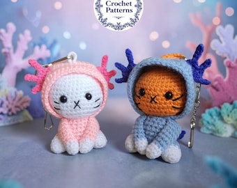 Cat Axolotl Bag Charm, Crochet Keychain Pattern, Backpack Buddy, Amigurumi Key Ring Pattern PDF, Car Accessories
