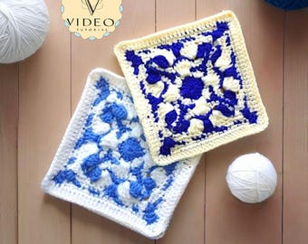 Patrón de azulejos Aveiro con cuadrados de la abuela: diseño de mosaico portugués de crochet (videotutorial)