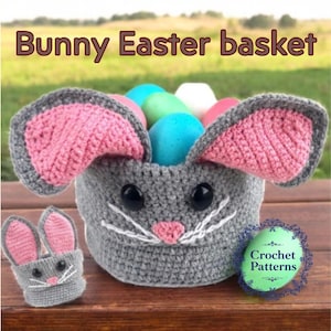 May include: A gray crocheted bunny basket with pink ears and black eyes. The basket is filled with colorful Easter eggs. The text "Bunny Easter basket" is at the top of the image. The text "Crochet Patterns" is in a circle at the bottom right of the image.