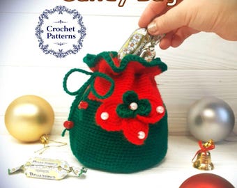 Patrón de bolsa navideña de crochet para dulces: Bolsa de regalo con cordón (Patrón PDF)