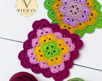 Patrón de crochet "Cuadrado de la abuela" en punto concha – Videotutorial (Descarga PDF)