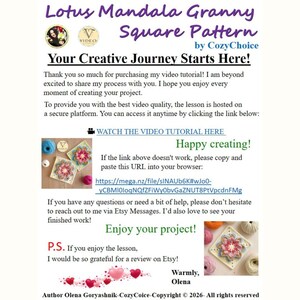 May include: A promotional image for a crochet pattern tutorial. The text reads "Lotus Mandala Granny Square Pattern" by CozyChoice. The image includes a sample of the crochet square, yarn, and the text "Your Creative Journey Starts Here!"