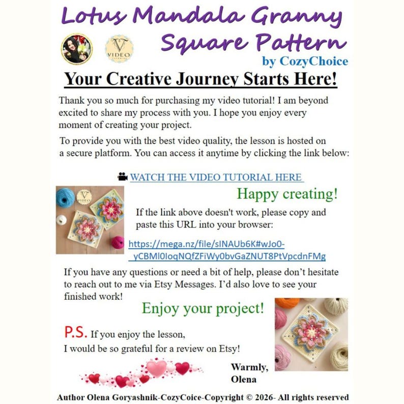 May include: A promotional image for a crochet pattern tutorial. The text reads "Lotus Mandala Granny Square Pattern" by CozyChoice. The image includes a sample of the crochet square, yarn, and the text "Your Creative Journey Starts Here!"