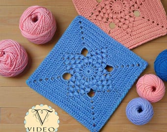 Patrón de crochet cuadrado de abuela estrella con punto puff y diseño calado