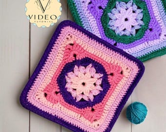 Patrón cuadrado floral estilo bohemio para abuela: motivo de ganchillo para manta, almohada o mantel (tutorial en vídeo).