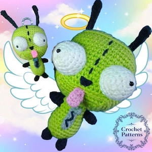 May include: A green crocheted amigurumi toy of the character Zim from the cartoon Invader Zim. The toy has a pink tongue sticking out and is wearing a halo. The toy is sitting on a white cloud with angel wings.