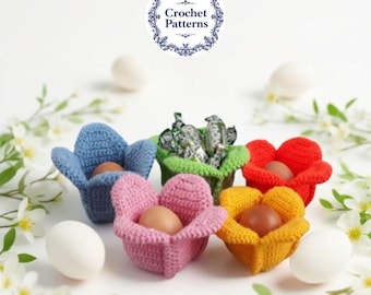 Patrón de crochet para porta huevos de flores: Decoración de cesta de Pascua (patrón PDF)