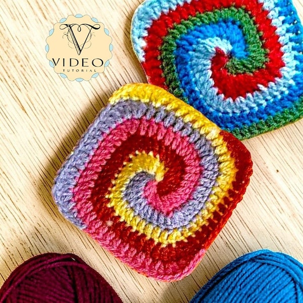 Spiral Granny Square Crochet Pattern - Swirl Baby Blanket, Kids Room Decor (Video Tutorial)