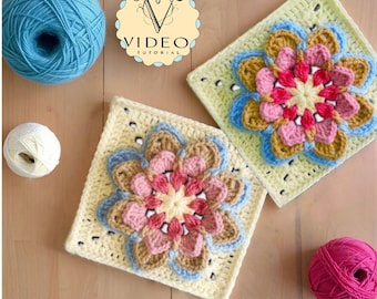 Patrón de Mandala de Loto Cuadrado de la Abuela – Videotutorial de Flor 3D a Crochet