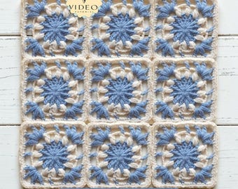 Wzór na szydełkowy kwadrat w stylu shabby chic z koronką i wzorem babci, ażurowy wzór ze ściegiem bufiastym, motyw płatka śniegu (samouczek wideo)