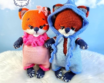 Wzór na szydełkową lalkę lisa amigurumi w formacie PDF, para lisów leśnych, lalka do przebrania, szydełkowe ubranka, pluszowy lis Kawaii