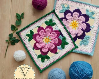 Patrón de ganchillo cuadrado con estampado floral de frangipani estilo abuela: diseño de mandala colorido de 8 pétalos en capas, videotutorial.