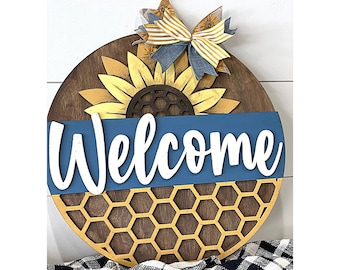 Welcome Front Door Sign | Sunflower Decor Sign | Round Wood Door Hanger | Welcome Door Hanger