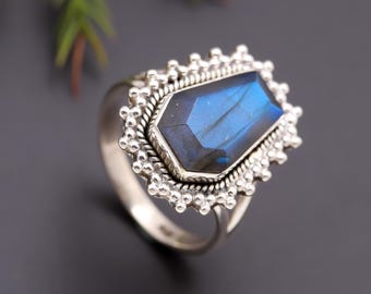 Coffin Labradorite Ring, Oxidized Sterling Silver, Gothic Boho
