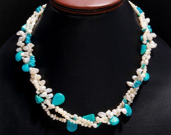 天然ターコイズと淡水真珠のネックレス、スターリングシルバーのアクセント付き