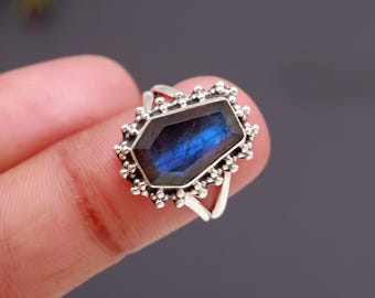 Sarg Form Ring, Natürlicher Labradorit Silber Ring, Gothic Schmuck