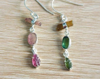 Multi Tourmaline Sterling Silver Dangle Earrings, Mix Stone