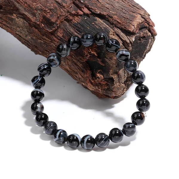 Black Sulemani Hakik / Banded Agate Onyx Bracelet Natural Crystal Healing Bracelet Beaded Stone Bracelet 8 mm Beads