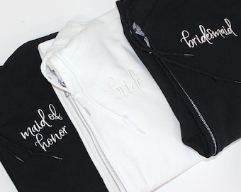Monogram/Text Custom Full-Zip Wedding Party Embroidered Adult Unisex Sweatshirt With Hood & Pouch Pockets | Custom Left Chest Full-Zip