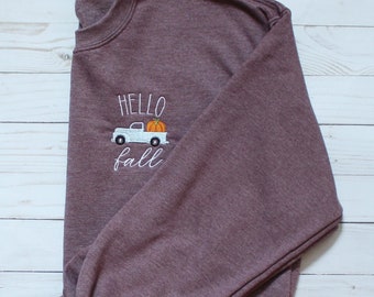 Sudadera de cuello redondo bordada "Hola Otoño" - Sudadera unisex para adultos - Sudadera para otoño - Pumpkin Truck