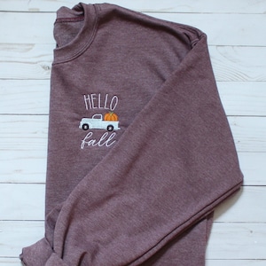 Hello Fall Embroidered Crewneck Sweatshirt - Adult Unisex Fall Crewneck - Sweatshirt For Fall - Pumpkin Truck