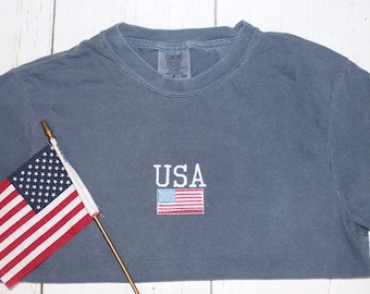 USA With Flag Comfort Colors Tank Or T-shirt | Embroidered Comfort Colors |  Memorial Day Or 4th of July Apparel | Minimalist USA Gear