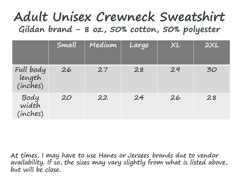 Pode incluir: Tabela de tamanhos para uma camisola de gola redonda unissex para adultos da marca Gildan. A tabela mostra as medidas em polegadas para o comprimento total do corpo e a largura do corpo para os tamanhos S, M, L, XL e 2XL. A camisola &eacute; feita de 8 oz, 50% algod&atilde;o, 50% poli&eacute;ster.