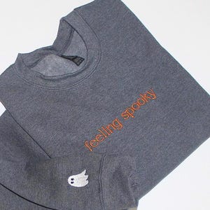 May include: A dark gray sweatshirt with the phrase "feeling spooky" embroidered in orange thread. A small white ghost is embroidered on the sleeve. The sweatshirt is folded on a white surface.