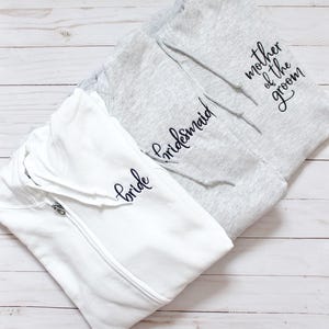 Full-Zip Wedding Party Embroidered Adult Unisex Sweatshirt With Hood & Pouch Pockets | Custom Left Chest Full-Zip |Custom Text OR Monogram