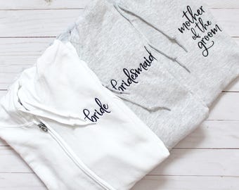Full-Zip Wedding Party Embroidered Adult Unisex Sweatshirt With Hood & Pouch Pockets | Custom Left Chest Full-Zip |Custom Text OR Monogram