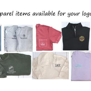 May include: Assortment of apparel items, including t-shirts, sweatshirts, and a polo shirt, in various colors like black, red, and gray. Each item features embroidered logos. The text "Apparel items available for your logo" is at the top.