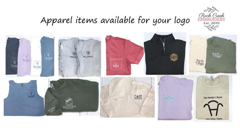 May include: Assortment of apparel items, including t-shirts, sweatshirts, and a polo shirt, in various colors like black, red, and gray. Each item features embroidered logos. The text "Apparel items available for your logo" is at the top.