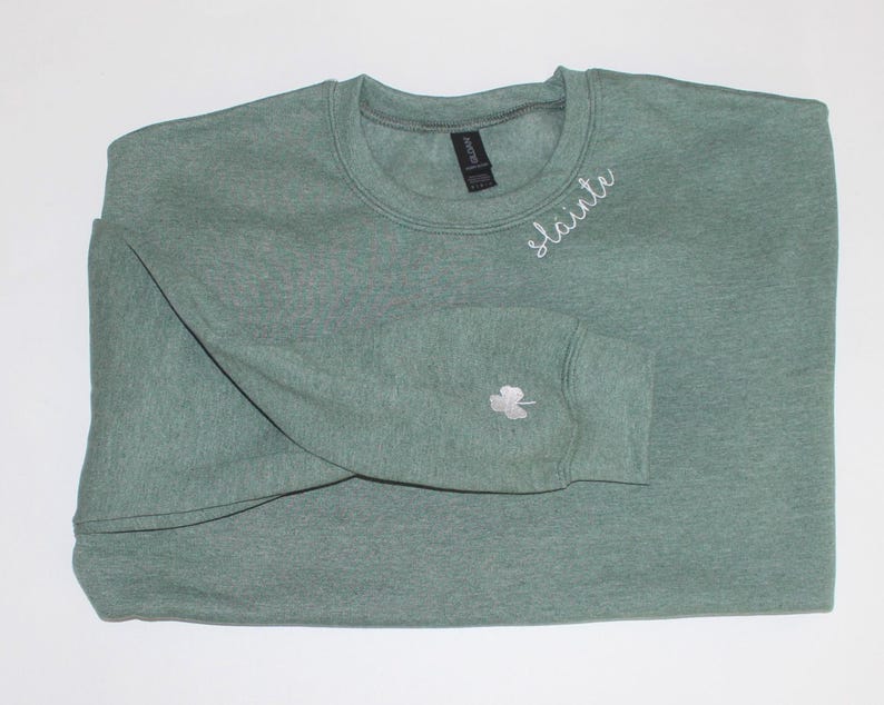 Slainte Collar Embroidered Crewneck Sweatshirt With Shamrock On Sleeve | St. Patty's Day Sweatshirt | Customize Your Colors image 3