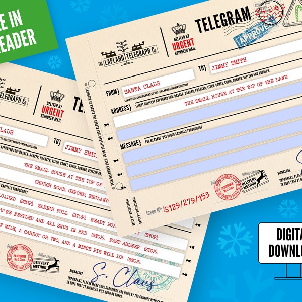 Christmas editable telegram. Santa Letter. Santagram personalised. Telegram from Santa. North Pole Telegram. Santa message digital download