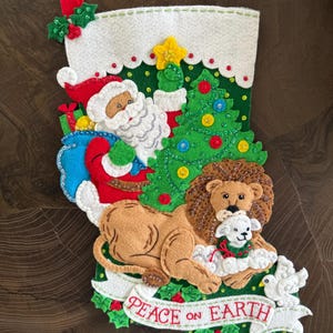 Finished Bucilla stocking in pattern “Peace on Earth”