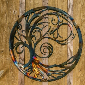 Flamed swirl tree of life metal wall art wall decor metal tree  Round tree sign cut out metal wall sign wall hanging  boho farmhouse